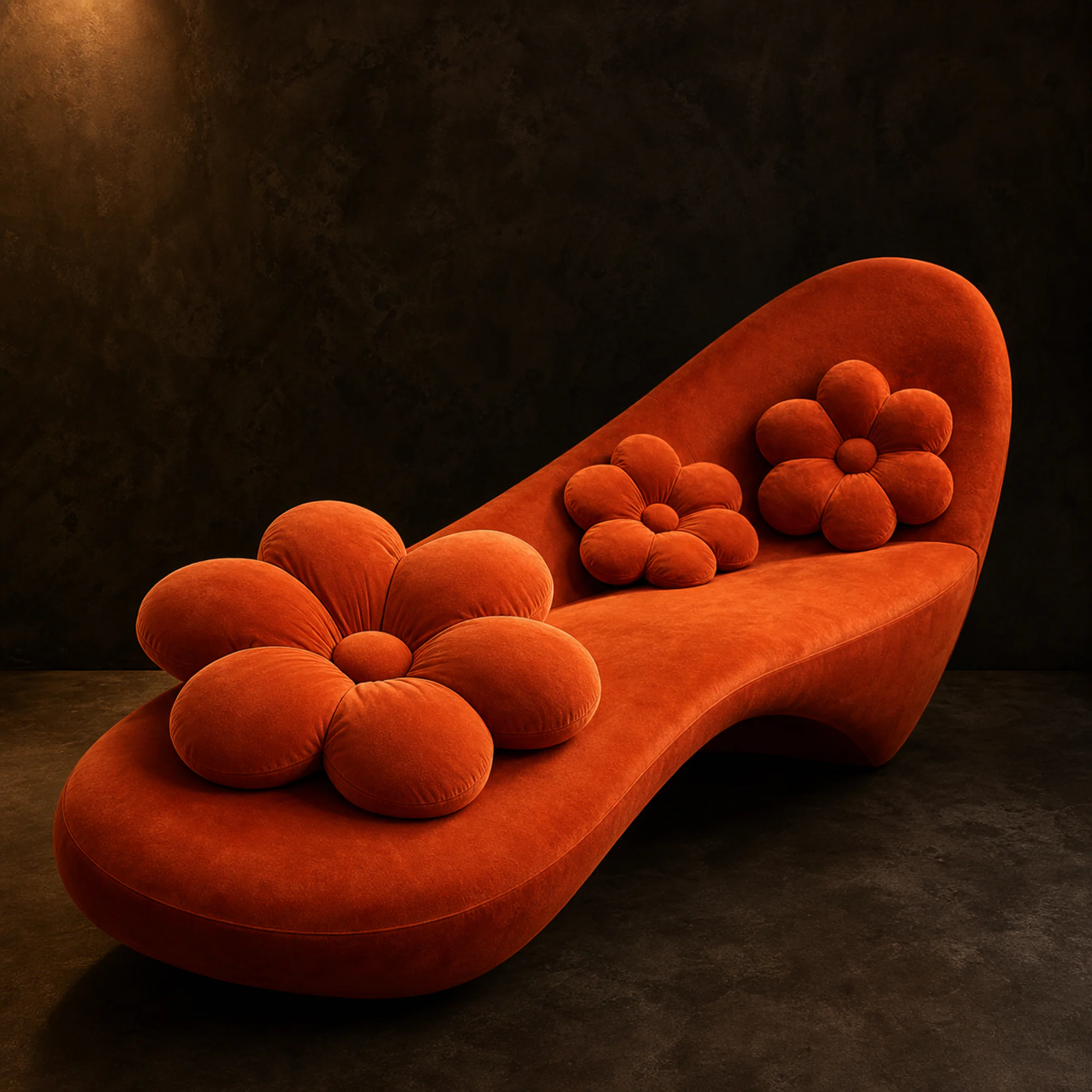 Chaise longue arancione con grandi cuscini a forma di fiore